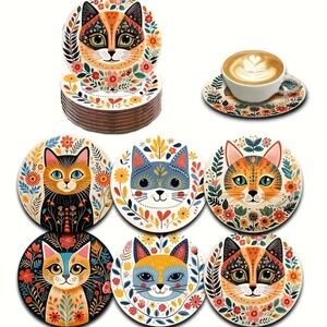NIP! Set of 6 Bohemian Floral Artistic Cats Coffee, Tea, Drink Coasters!